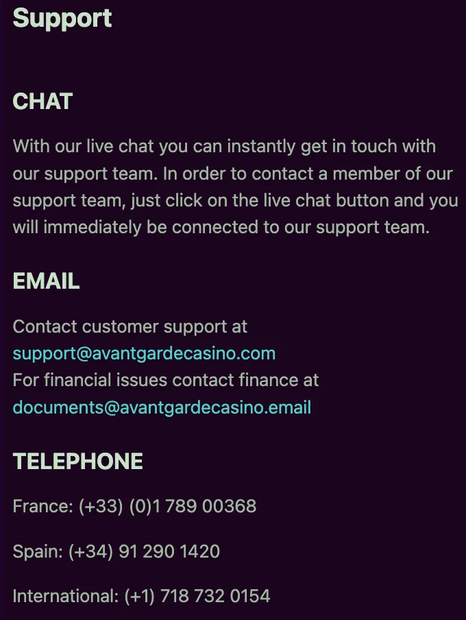 Avantgarde casino support